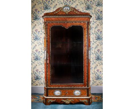 Y A French kingwood, Sevres style porcelain and gilt metal mounted vitrine, circa 1870, the arched cornice above a glazed pan