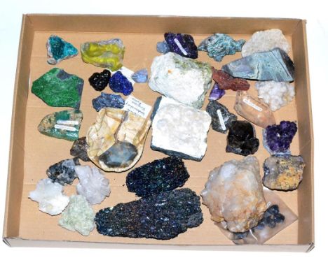 Box of Minerals, including Rhodochrosite from Argentina, Amethyst from Brazil, Amazonite from Norway 