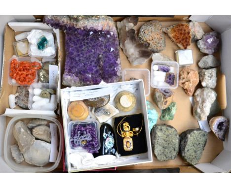 A Tray of Miscellaneous, including mineral specimens and objects/jewellery constructed from natural stone/minerals including 