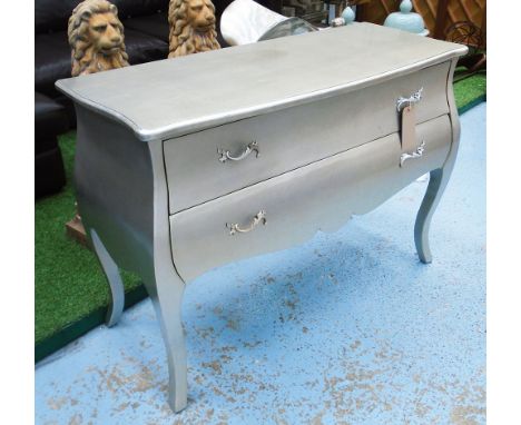 COMMODE, silvered with two drawers and cabriole supports, 122cm W x 50cm D x 89cm H. (with faults)
