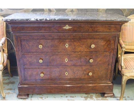COMMODE, 19th century Louis Philippe figured walnut with four long drawers and St Anne's variegated grey marble top, 101cm H 