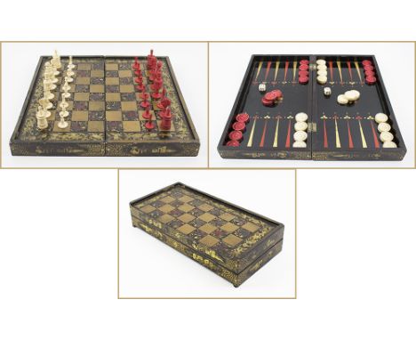 GAMES COMPENDIUM, the decorated Oriental lacquer box with chequer board and backgammon detail, whtie and red stained bone dra