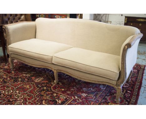 CANAPE, Louis XV style painted with oatmeal upholstery and cushion seat, 212cm W. (marks to fabric)