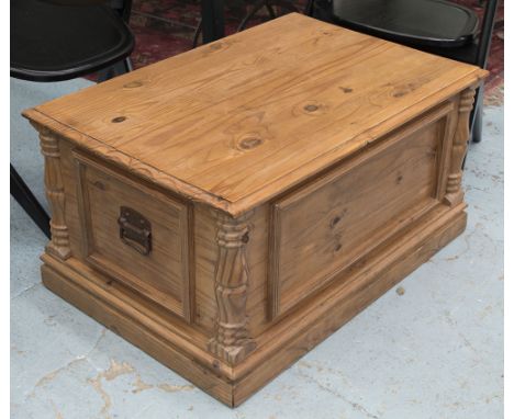 TRUNK, pine with hinged top and side handles, 45cm H x 90cm W x 60cm D.