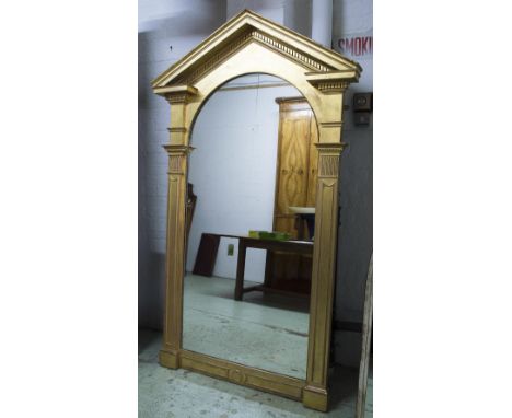 WALL MIRROR, 19th century Italian giltwood of architectural form with arched mirror and Classical cornice, 123cm W x 210cm H.