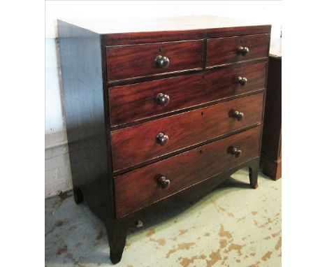 CHEST, Regency mahogany and rosewood crossbanded with two short over three long drawers and a shaped apron on swept bracket f