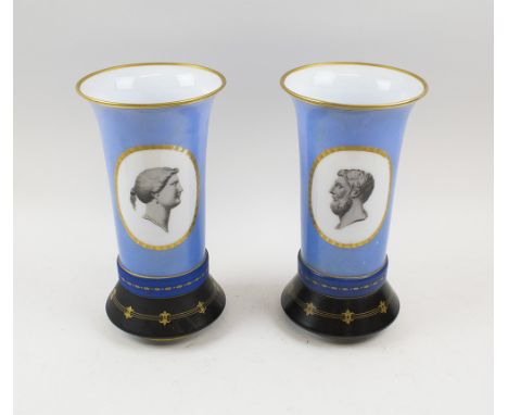 BLUE OPALINE GLASS VASES, a pair, late 19th century each of cylindrical form with a Classical cameo portrait, 15.5cm diam. x 