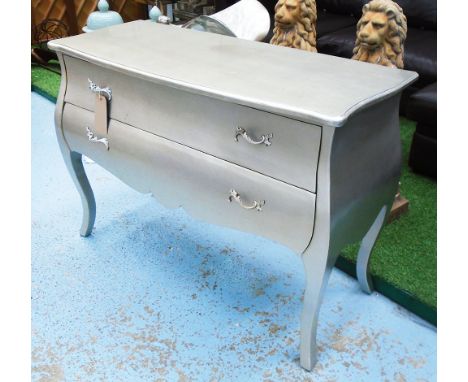 COMMODE, silvered with two drawers and cabriole supports, 122cm W x 50cm D x 89cm H. (with faults)