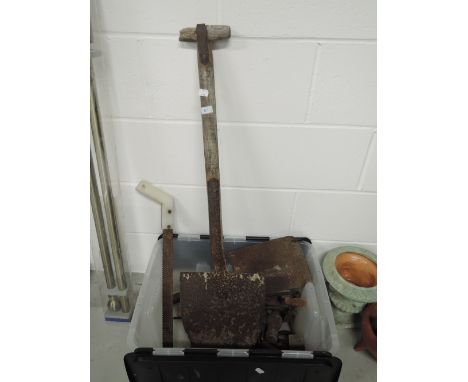 A selection of vintage workshop and craft tools including railway related shovel