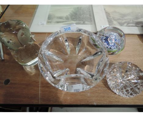 A selection of vintage art and Scandinavian glass including Orrefors and Langham owl