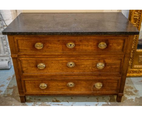 COMMODE, 107cm W x 59cm D x 79cm L, circa 1800, French walnut, the grey marble top over, three long drawers. 