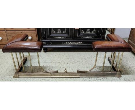 CLUB FENDER, traditional studded leather seats raised on adjustable shaped silvered metal balustrade, 47cm H x 42cm D x 135cm