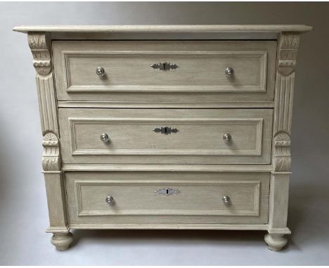 COMMODE, 19th century French, traditionally grey painted with three drawers, 99cm W x 50cm D x 80cm H. 