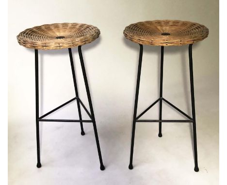 BAR STOOLS, a pair, vintage Italian style circular woven cane and black metal supports, 70cm H. (2) 