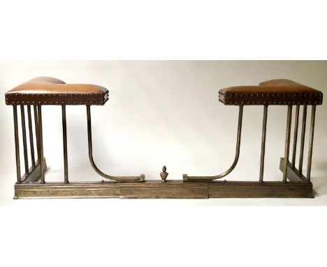 ADJUSTABLE CLUB FENDER, Edwardian studded leather raised on adjustable shaped balustrade, 131cm x (162cm extended) x 47cm H x
