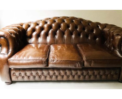 SOFA, deep buttoned studded leather with rounded back and arms, 185cm W. 