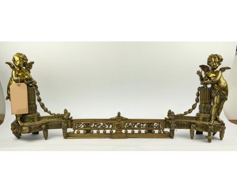FENDER, 19th century brass, cherub figures to each end, decorative gallery, 92cm x 41cm H. 