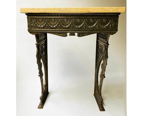 CONSOLE TABLE, 19th century cast iron in the Regency taste with scroll and swag support and sienna marble top, 60cm x 44cm x 