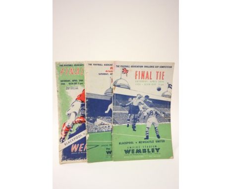 Three FA Cup Final football programmes in fair condition including 1948 Blackpool v Manchester United, 1950 Arsenal v Liverpo