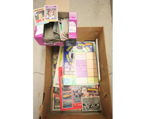 Box of mixed vintage football ephemera including posters, pull-outs, magazines, papers and over 100 Topps football cards