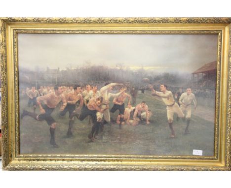 Framed & glazed vintage Rugby Union print by WB Wollen showing classic Edwardian game scene. The original hangs proudly at Tw