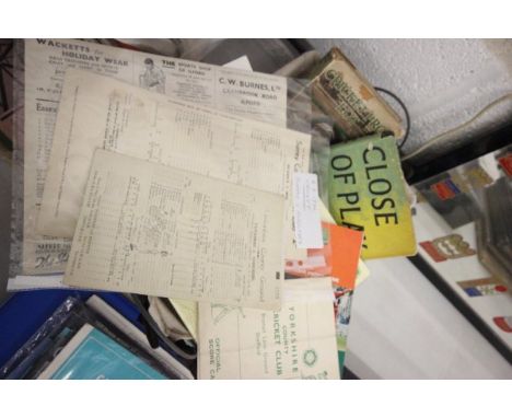 Cricket Ephemera - 6 x scorecards 1930's to 1950's, plus vintage books c/w d/j's by Fred Root (1937) and Neville Cardus (1956