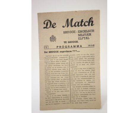 Belgium Army v British Army football programme played 18th February 1945 in Bruges. All the British Army are professionals an