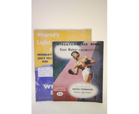Boxing programme for the 1939 World Light Heavyweight Championship bout, Len Harvey v Jock McAvoy.plus another from 1956 feat