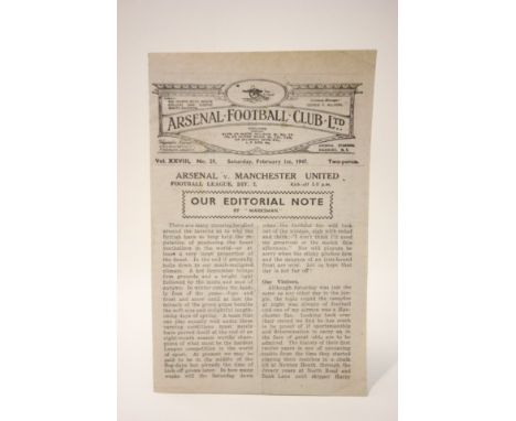 Arsenal v Manchester United football programme played 1st February 1947 (signs of an excellent professional repair to back)