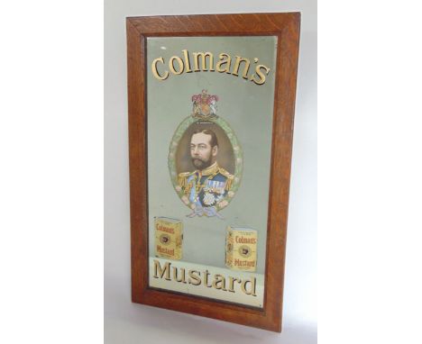 Advertising Interest - Vintage Coleman's Mustard mirror, centrally decorated with a portrait of King George V and two tins of