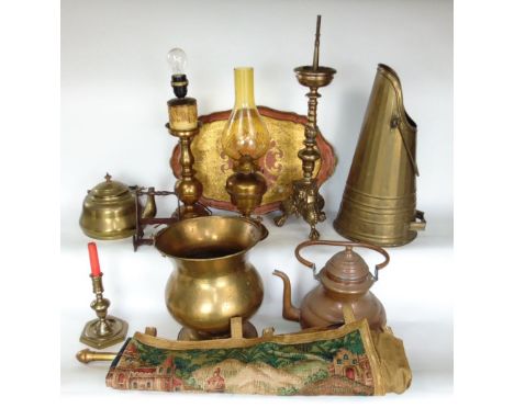 Mixed collection of metalwares to include a brass floor standing candlestick, with turned column and scrolled claw and ball f