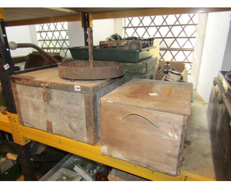 An old wooden and steel banded tool box and contents together with a Victorian painted pine box with hinged lid, a further bo