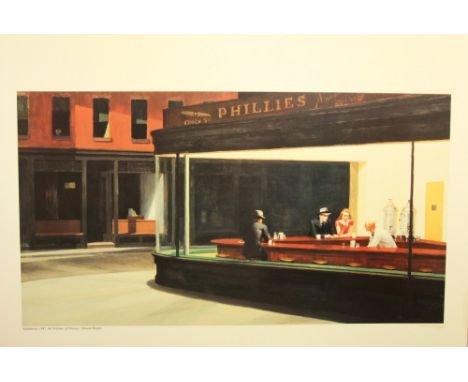 A large coloured print after Edward Hopper, Nighthawks, 90 cm x 120 cm, together with two further coloured prints after Edwar