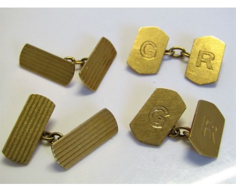Two pairs of 18ct cufflinks; one pair with engraved initials 'G R' and the second with engine turned decoration, 18g total