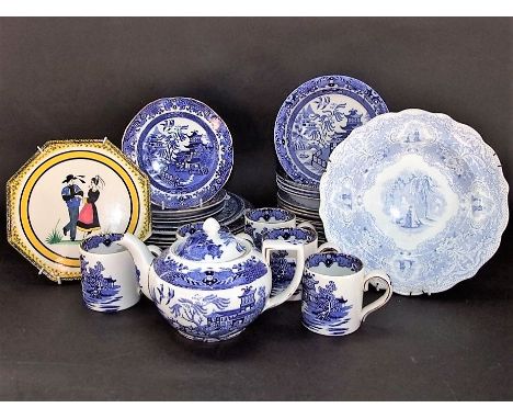 A quantity of Burleigh ware Willow pattern blue and white printed wares including tea pot, five mugs, twenty three plates and