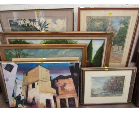 A collection of oil paintings and watercolours, subjects including a study of a half timber country house, signed A Pope, a w