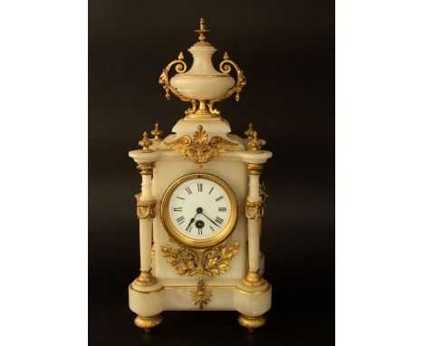 French gilt metal and alabaster architectural mantle clock, the single train dial with Roman numerals, the case with tapered 