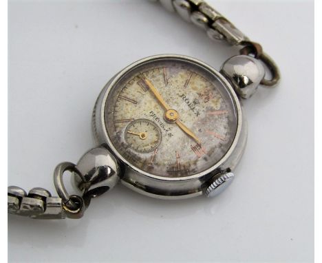 Vintage ladies stainless steel Rolex Precision wristwatch with Roman numerals and baton markers, subsidiary second dial upon 