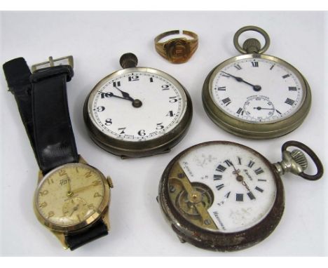 Vintage Hebdomas eight day pocket watch with open escapement and enamel dial with silver overlay; together with two further p