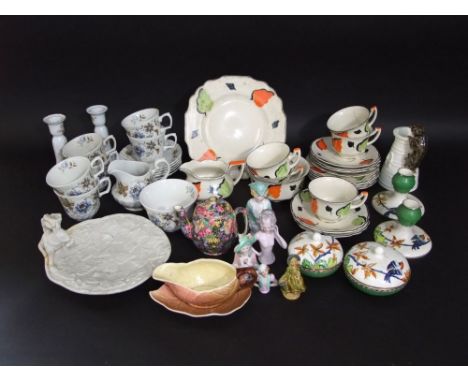 A collection of ceramics including a Copeland jug in the form of a cat standing on a milk churn, four ceramic half dolls, a R
