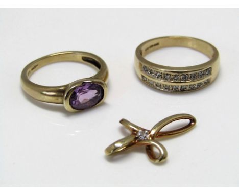 Three 9ct items comprising a faceted amethyst ring, a further ring set with two rows of diamonds and a diamond set cross pend