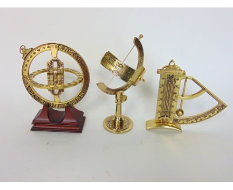 Five Franklin mint brass copies of early dials, universal and equatorial sundial, universal equinoctial ring dial, gunners le