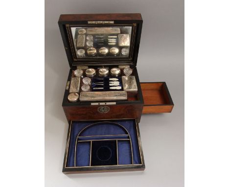 A good quality 19th century walnut and mother-of-pearl inlaid travelling box with cut glass and silver plated mounts and mani