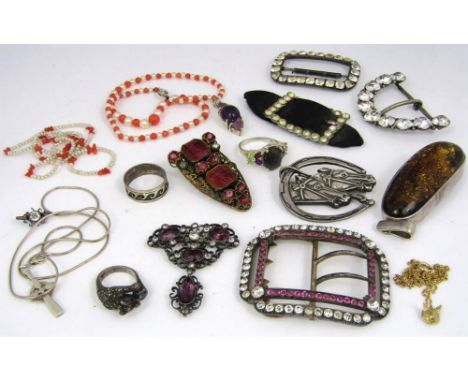 A good mixed costume lot to include four paste set buckles; one stamped 900, two coral bead and pearl necklaces each with 9ct