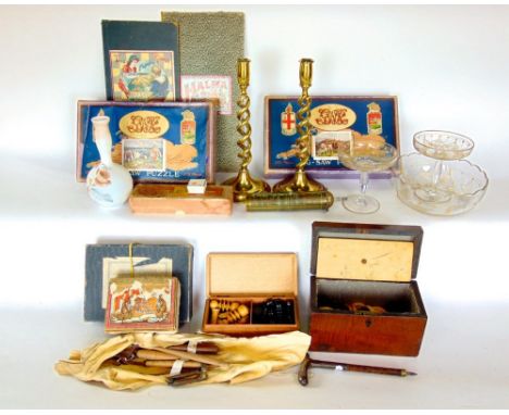 A box of interesting items to include a collection of leather handling tools, a 19th century satinwood tea caddy, a pair of b