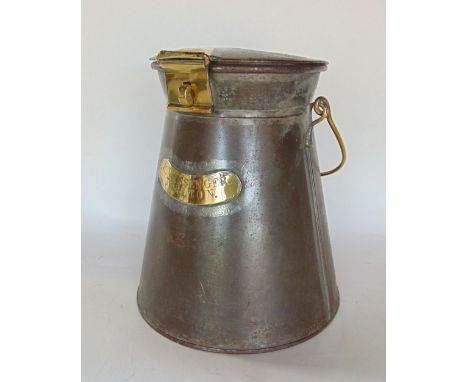 Antique pewter and polished brass churn with ring handle and latch, with brass plaque inscribed K. Messenger, Tarlton, 26 cm 