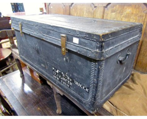 A 19th century camphor wood travelling trunk, overlaid in black canvas, with brass stud detail, brass name plate and hasps, 9
