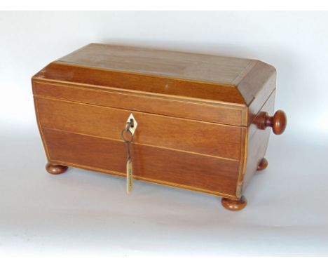 19th century sarcophagus tea caddy, the hinged lid enclosing an interior fitted with two further lidded boxes and circular re