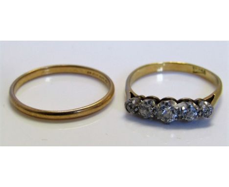 A 22ct wedding ring and an 18ct five stone diamond ring, sizes P & M/N, 4g