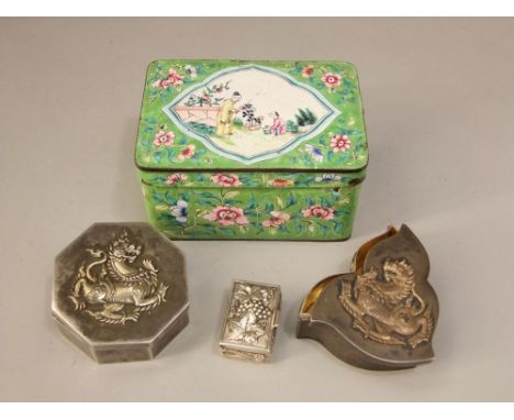 Cantonese enamel box, octagonal Eastern white metal box, two small snuff boxes, cuff links, etc